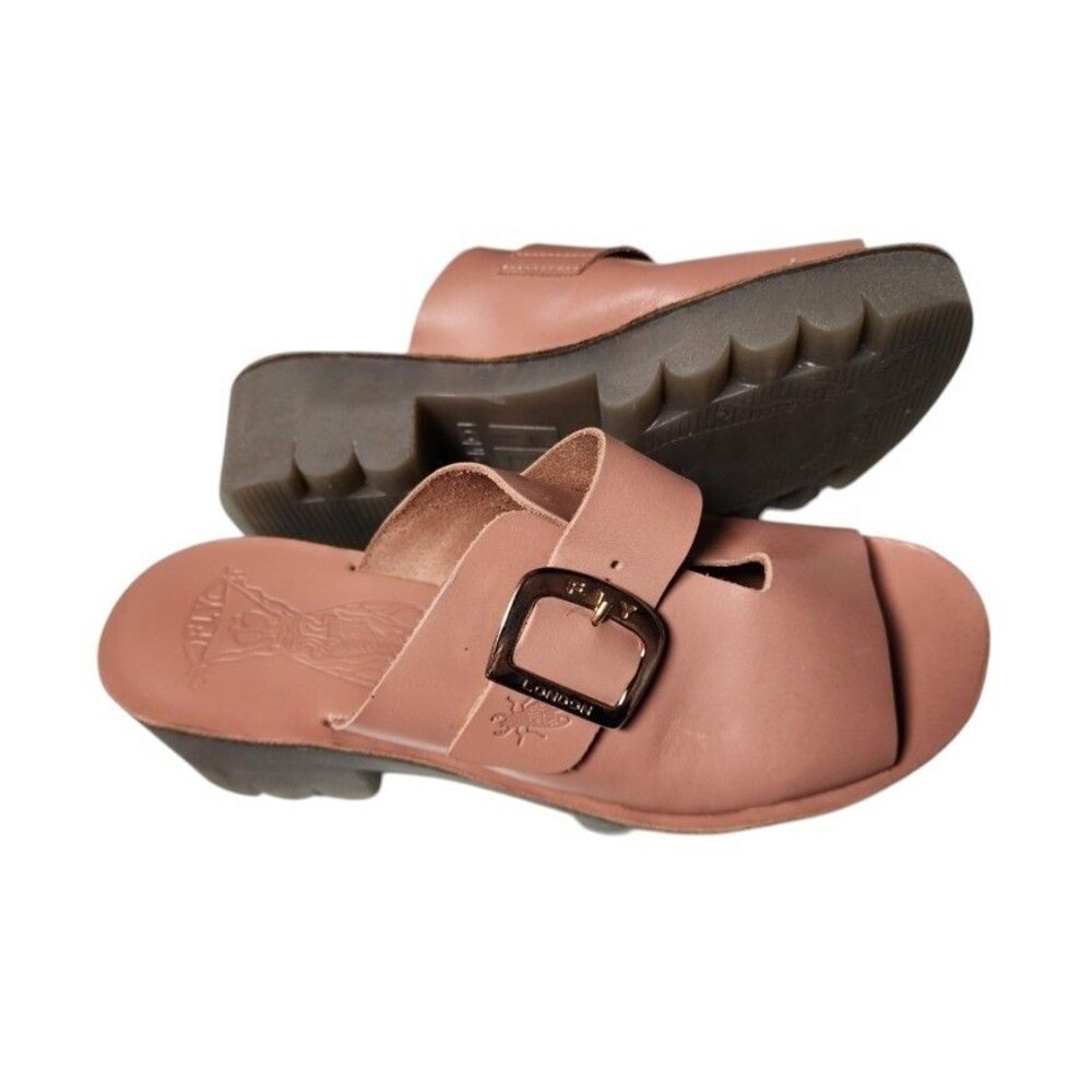 Fly London Leather Buckle Platform Slide Sandals Size EU 39 Tan Cozy Mules